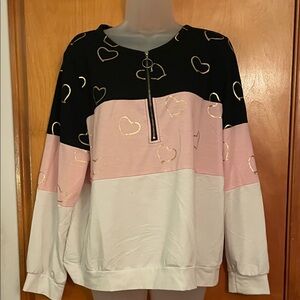 SHEIN Cream and Black Lightweight Gold Heart Quarter Zip Sweatshirt